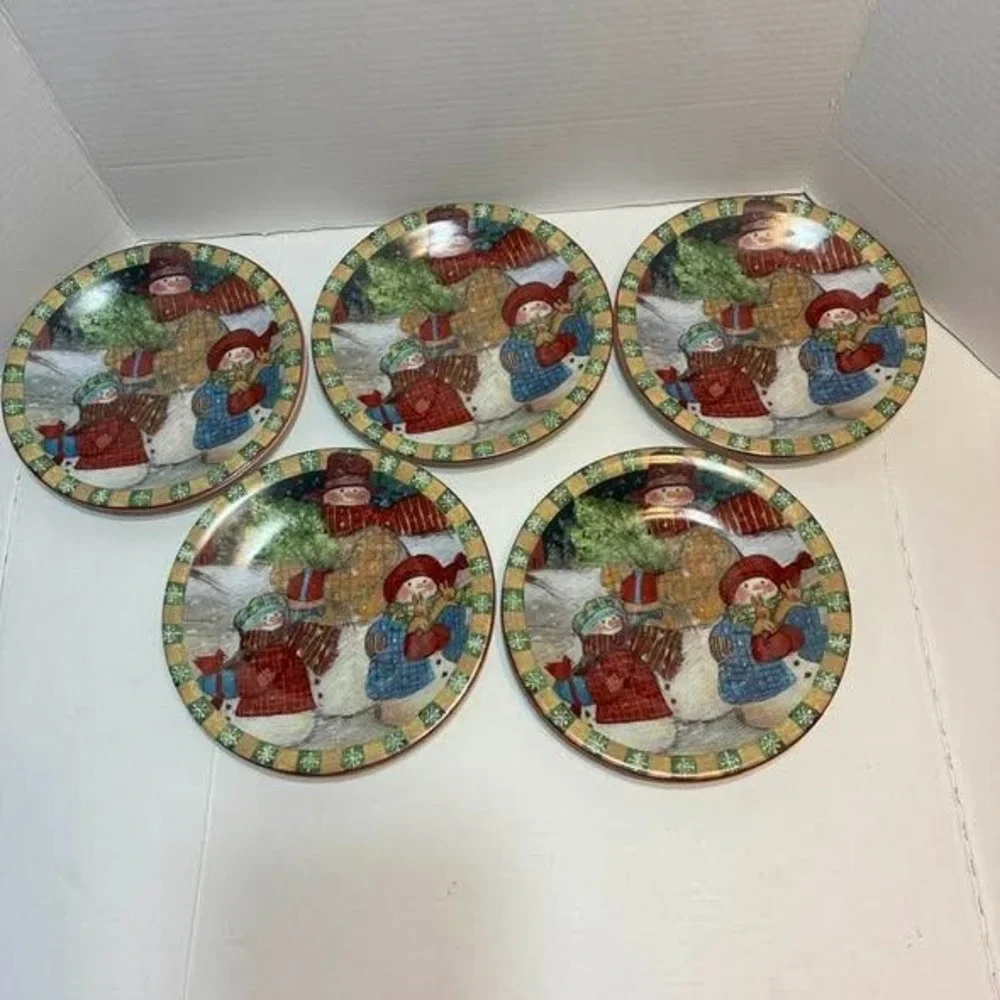Susan Winget Plates Snowman Multicolor Set of 5 8in Christmas Folk Art Whimsical